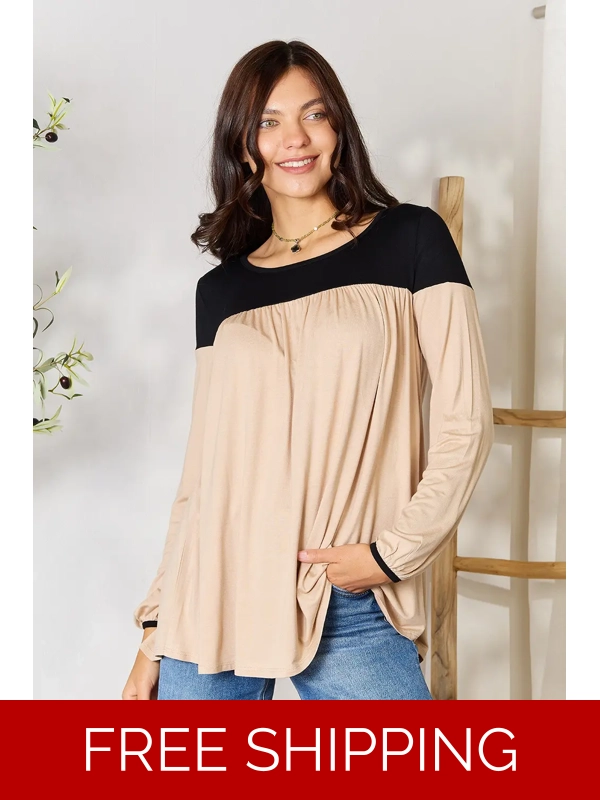 BOMBOM Contrast Long Sleeve Ruched Blouse